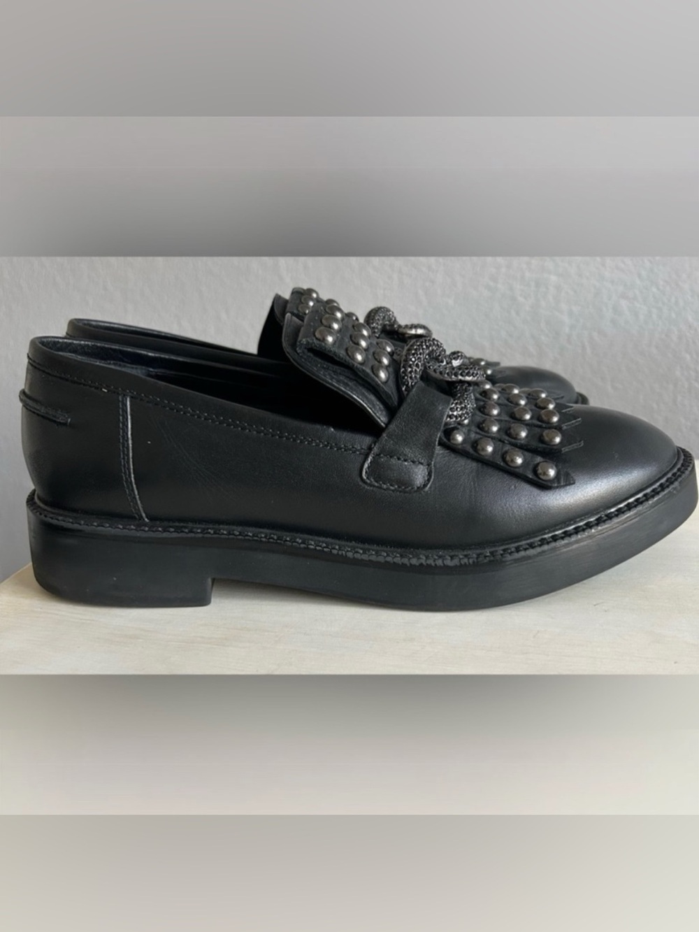 NWOT Saint G Kim Kiltie loafer, black with silver studs. Women’s size 9.
